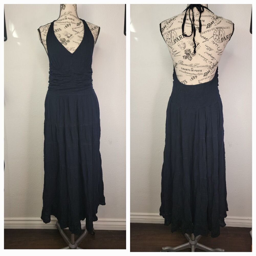 Kas Designs Halter Slip Maxi Dress Sz  L Layered Smocked Whimsygoth Witchy Fairy